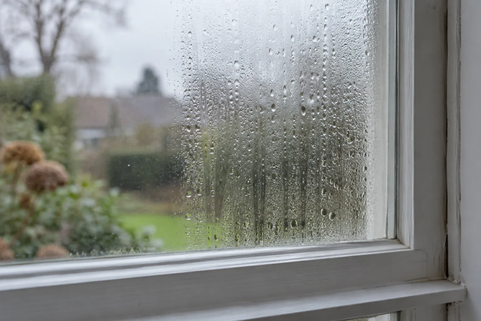 Water droplets forming on the inside of a window