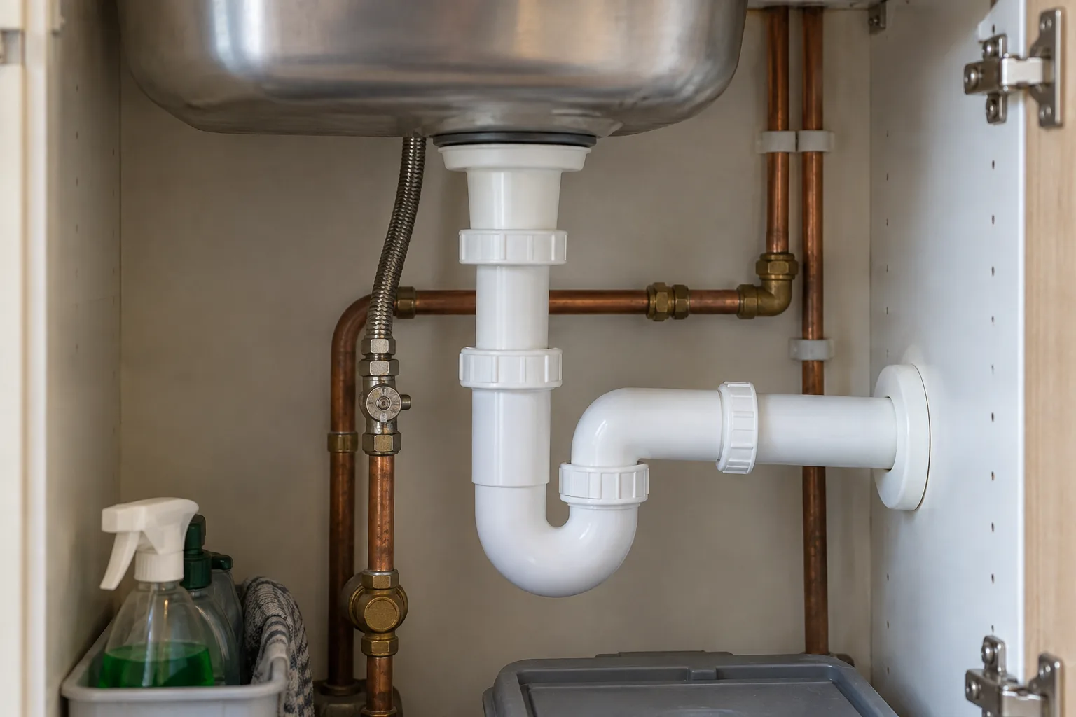 Copper plumbing beneath a kitchen sink