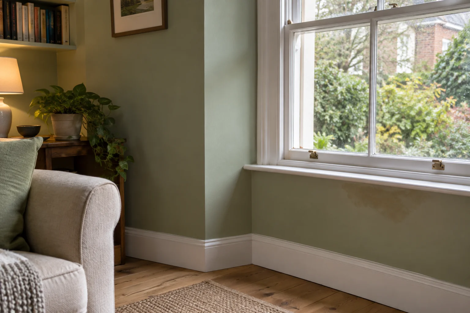 A light-filled home with a sash window and a small discoloured patch beneath the sill