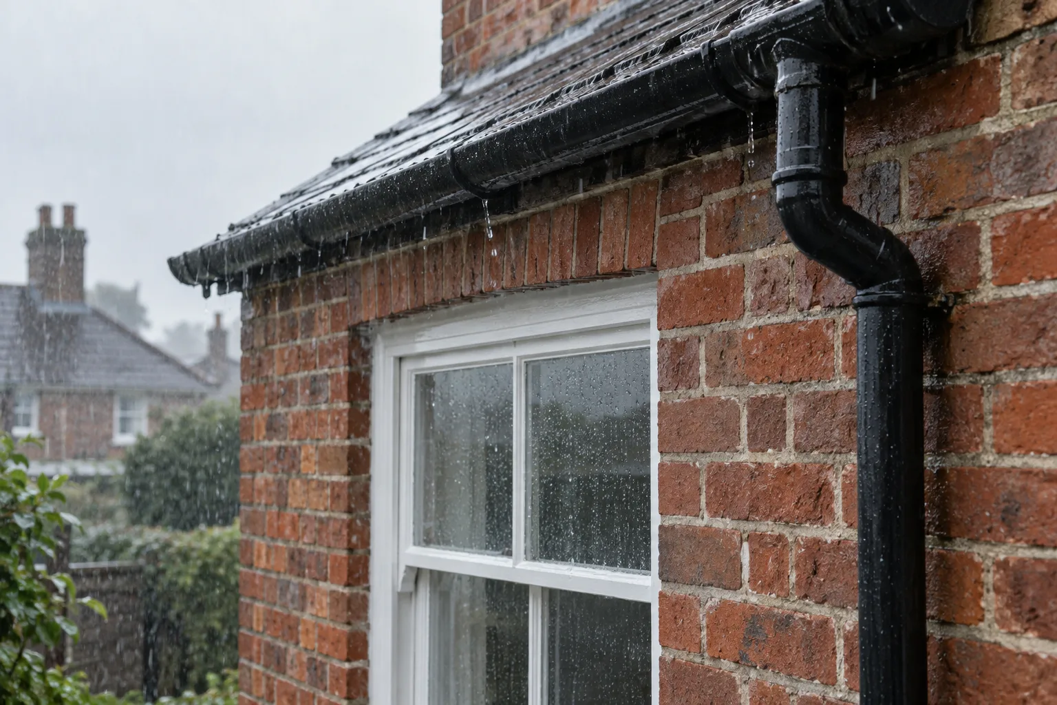 Rain on an exterior brick wall near a window